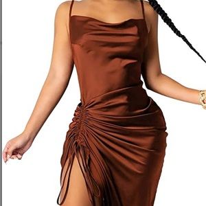 Orange/brown ruched side satin dress